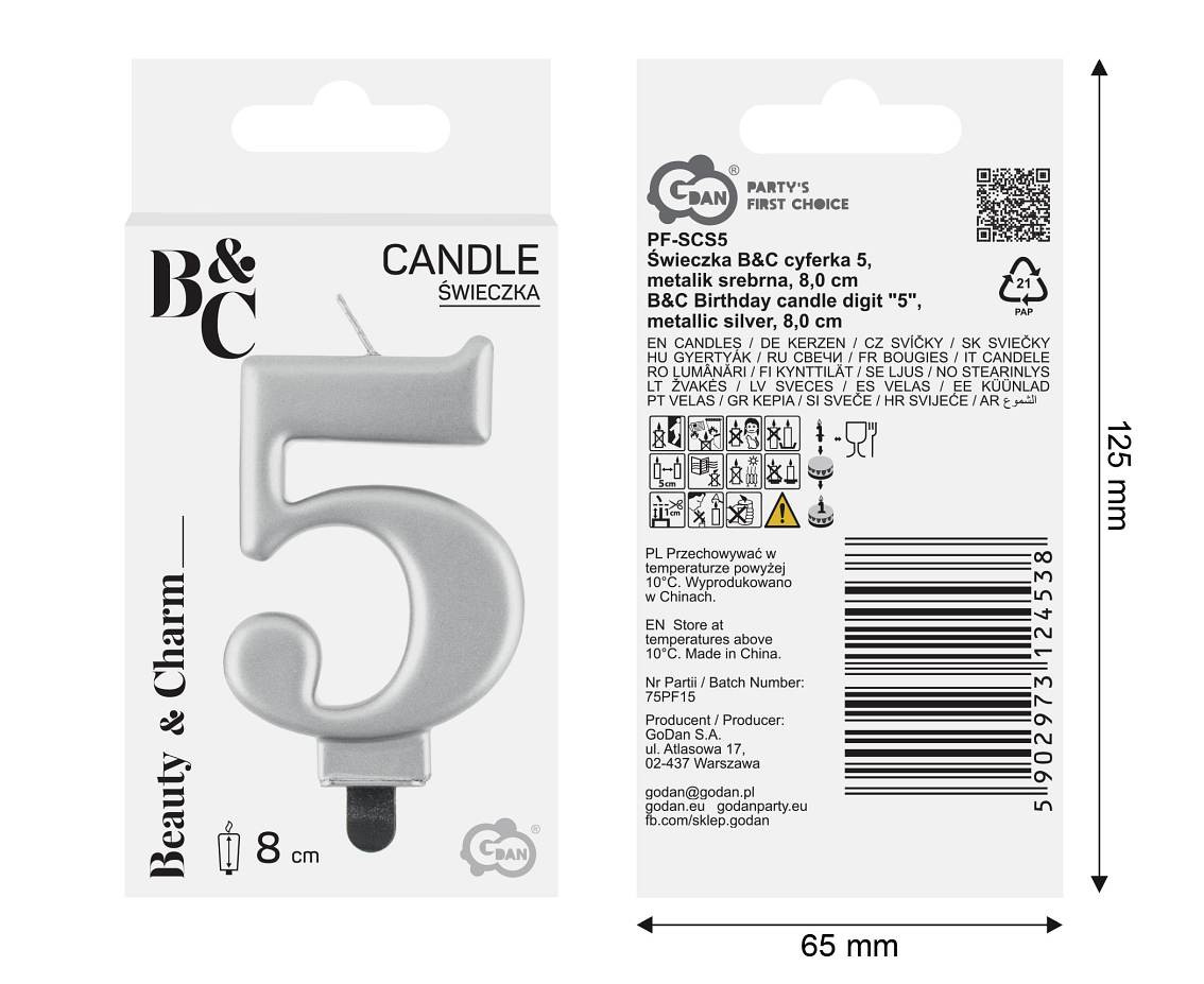 Birthday candle digit 5, metallic silver,  8 cm